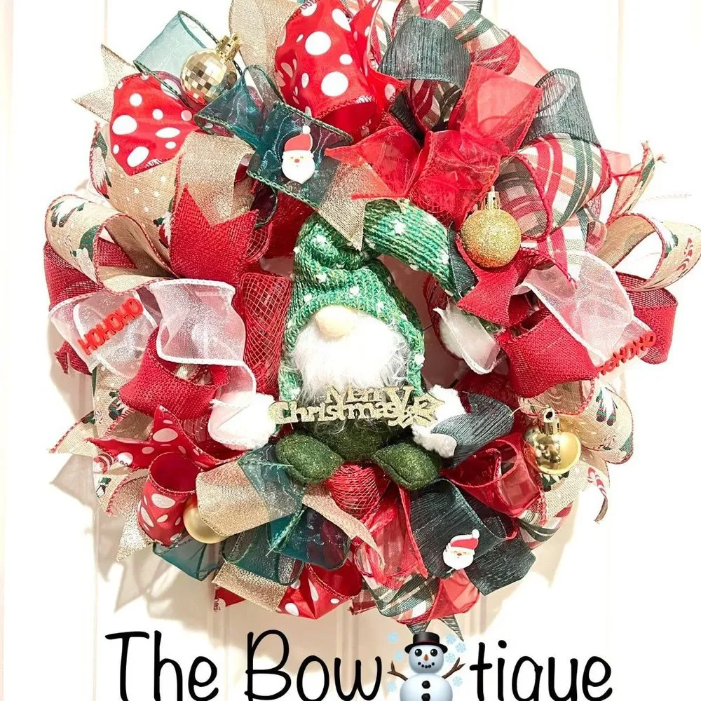 Handmade 13 inch Christmas Gnome Ribbon Wreath MW2